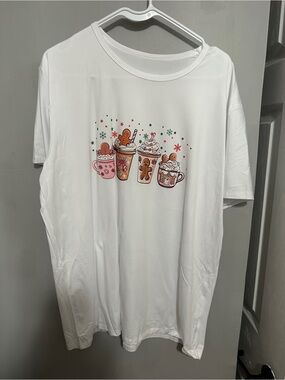Women’s White Graphic Tee with Festive Gingerbread Drink Design XL